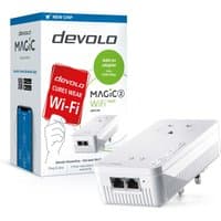 White Devolo Magic 2 WiFi adapter with two Ethernet ports, plug design, and packaging showing WiFi features.