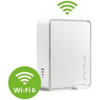 White Devolo WiFi 6 Repeater 5400 with sleek design, LED indicators, and WiFi symbol, compact and modern.