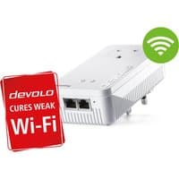 White Devolo WiFi Repeater+ ac with dual Ethernet ports, LED indicators, and green WiFi symbol on top right.