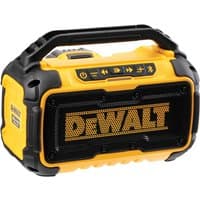 Yellow and black DeWalt Bluetooth speaker with rugged design, control buttons on top, and mesh front grille.