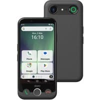 Graphite Doro Aurora A10 smartphone, 4.5" screen, dual cameras, USB-C port, dual SIM, Android 14, 4G, 4GB RAM, 64GB storage.