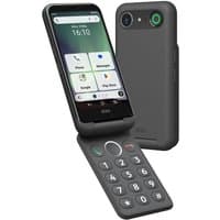 Graphite Doro Aurora A20 flip phone, 4.5" screen, dual SIM, USB Type-C, large keypad, rear camera with green ring.