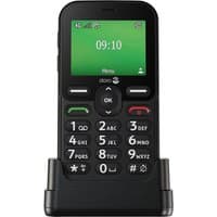 Black Doro Leva E10 senior phone with 2.4-inch screen, large buttons, and charging dock.