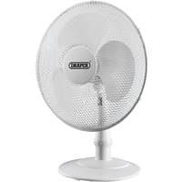 White Draper desk fan, 16-inch with mesh grille, three blades, and round base, 45W power.