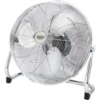 Silver Draper Expert 230V oscillating industrial fan, 16-inch with metal blades and sturdy chrome stand.