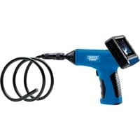 Draper Expert blue pistol grip borescope with flexible black cable and LCD screen on top.