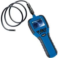 Blue Draper inspection camera with flexible black cable, color display screen, and control buttons on handle.