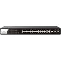 Black DrayTek P1282 1U rack-mounted managed Gigabit Ethernet switch with multiple ports and PoE capability.