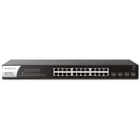 Black DrayTek VSP1281X-K 1U network switch with 24 Ethernet ports and PoE capability, sleek and compact design.