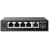 Black DrayTek VSQ60X-K network switch with 4 Ethernet ports and 1 SFP port, compact design, front-facing ports.