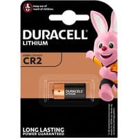 Black and copper Duracell CR2 lithium battery in packaging with Duracell bunny graphic.