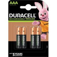 Pack of 4 Duracell AAA rechargeable batteries, 900mAh, in black and copper, with Duracell bunny on packaging.