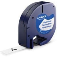 Blue DYMO LetraTAG 12mm label tape cartridge with white plastic tape emerging from slot.