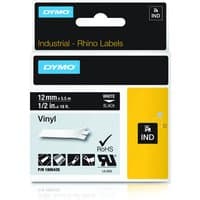Dymo 1805435 white on black vinyl ribbon, 12mmx5.5m, in packaging with blue logo and yellow accent.