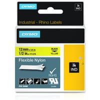 Dymo black on yellow flexible nylon ribbon, 12mm x 3.5m, in a white and black package with product details.