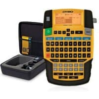 Yellow and black DYMO RHINO 4200 label printer with QWERTY keyboard, orange screen, and carrying case.