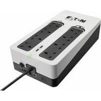 Black and white Eaton 3S700B UPS with 8 AC outlets and LED indicator on top.