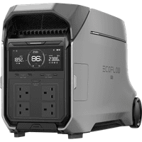 Gray EcoFlow DELTA Pro 3 power station with LCD display, multiple outlets, and side handle on wheels.
