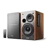 Wooden Edifier R1280T bookshelf speakers with black grille, dual drivers, and remote control.