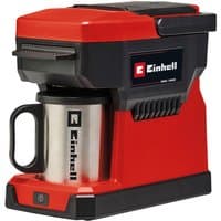 Red and black Einhell Power X-Change 18V coffee maker with stainless steel mug and compact design.