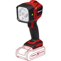 Red and black Einhell cordless LED work light torch with ergonomic handle and square light head, battery not included.