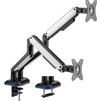 Black and white dual monitor arm with RGB lighting and adjustable joints, designed for gaming setups.