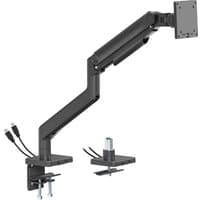 Black electriQ monitor arm with USB A/C ports, adjustable joints, and desk clamp for up to 49" screens.