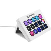 White Elgato USB gaming keyboard with customizable LED keys in a triangular stand design.