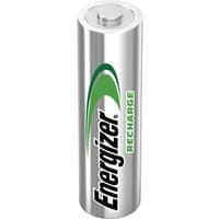 Silver Energizer AA rechargeable battery with green and black logo and green "Recharge" text on the side.