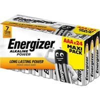 Energizer AAA alkaline batteries 24-pack, silver and black design, in a branded box with "Maxi Pack" label.
