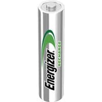 Silver Energizer AAA rechargeable battery with green and black logo and "Recharge" text on side.