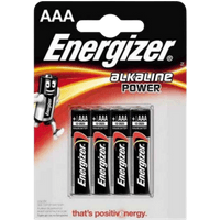 Energizer Alkaline AAA Batteries, 4-pack, black and silver with red accents in blister packaging.