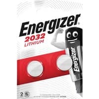 Energizer CR2032 coin lithium battery pack, two silver batteries in red and white packaging with Energizer mascot.