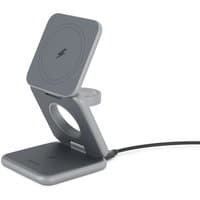 Grey Epico Mag+ USB wireless charger with square magnetic pad and circular stand, connected by a black cable.