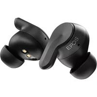 Black EPOS ADAPT E1 True Wireless Stereo earbuds with ergonomic design and sleek matte finish.