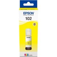 Yellow Epson 102 EcoTank ink bottle with white cap, in a box featuring yellow design and Epson branding.
