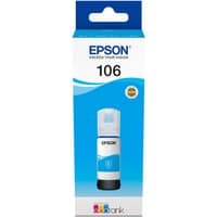 Epson 106 EcoTank cyan ink bottle with blue label and white cap in branded packaging.