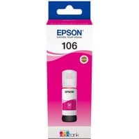 Magenta Epson 106 EcoTank ink bottle with white cap and branded label in a rectangular box.