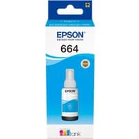 Epson 664 Ecotank Cyan ink bottle, 70ml, with blue label and white cap in branded packaging.