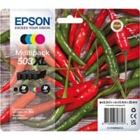 Epson 503XL ink cartridge multipack with black, cyan, magenta, yellow cartridges on a chili pepper background.
