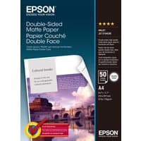 Epson Double Sided Matte Paper, A4, 50 Sheets, colorful packaging with text and image of a bridge on the cover.