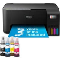Black Epson EcoTank ET-2862 printer with ink tanks, Wi-Fi capability, and paper displaying "3 years of ink included."