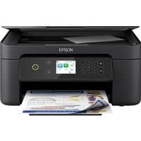 Black Epson Expression Home XP-4200 inkjet printer with LCD screen, control panel, and paper tray displaying printed sheet.