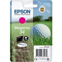 Epson Golf ball Singlepack Magenta 34 ink cartridge with golf ball image, green grass background, and DURABrite logo