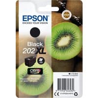 Epson Kiwi Singlepack Black 202XL Claria Premium Ink with kiwi fruit image and black ink droplet on packaging.