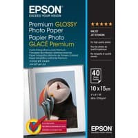 Epson Premium Glossy Photo Paper, 10x15cm, 40 sheets, colorful box with puffin image and multilingual text.