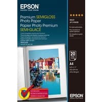 Epson Premium Semi-Gloss Photo Paper pack, A4 size, 20 sheets, with colorful photo and text on the front.