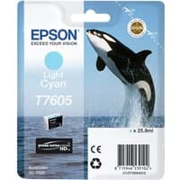 Epson T7605 Light Cyan ink cartridge with orca image, blue packaging, 25.9ml capacity.