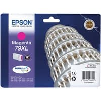 Epson 79XL magenta ink cartridge with Tower of Pisa image, DURABrite Ultra logo, blue packaging.