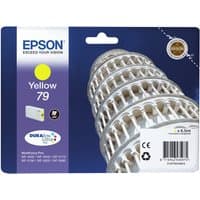 Epson Tower of Pisa Singlepack Yellow 79 ink with DURABrite Ultra logo, Pisa image on blue packaging.
